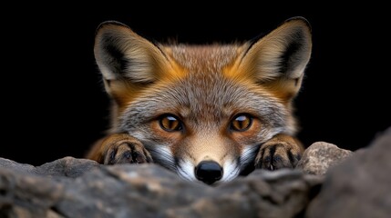 Fototapeta premium Close-up of a fox peering from behind rocks