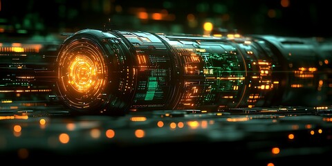 An abstract futuristic cylindrical device lit with glowing orange lights