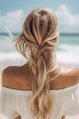 Long wavy hair styled in a braid as a woman stands by the beach, enjoying a sunny day with ocean waves in the background