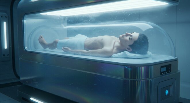 Woman in cryogenic sleep capsule for long-term space travel. Futuristic sci-fi technology concept for human hibernation and interstellar exploration. Cryonics and suspended animation.
