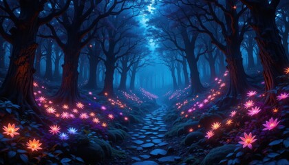 Fototapeta premium A neon fairy tale forest glowing under a twilight sky, luminous flowers and bioluminescent plants illuminating a winding mystery path