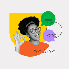 Playful rating. Happy woman showing OK sign with mid-rating graphic and message bubbles. Concept of...