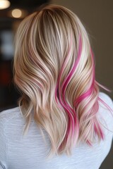 Naklejka premium Beautiful long hair with subtle pink highlights styled in soft waves, showcasing a modern look perfect for any occasion