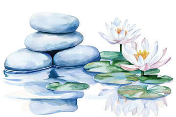 Fototapeta premium A serene composition of smooth stones and blooming water lilies atop calm water surfaces.