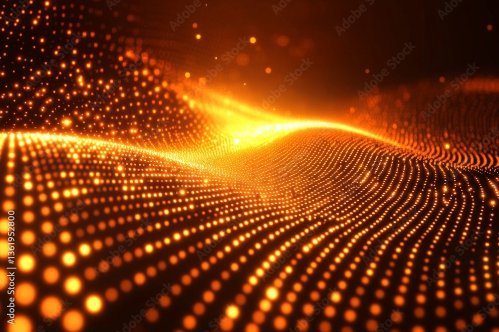 Poster Vibrant orange glowing waves create a mesmerizing effect in a digital landscape with sparkling light particles floating gracefully