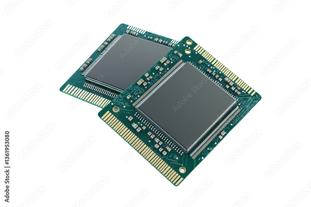 Poster two microchips on a gray surface showcasing intricate circuitry and advanced technological component