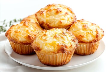 Freshly baked cheesy muffins with a golden crust on a white plate, ideal for breakfast or snacks at home or cafes