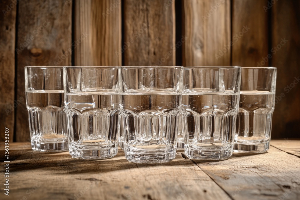Poster glassware arranged on wooden table with filled water, showcasing simple elegance and rustic charm at
