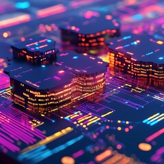 Circuit board illustration of complex digital information processing concepts