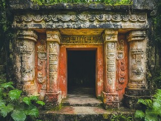 In the heart of a lush forest lies an ancient Mayan stone gate, reflecting its mystical heritage, pre-Columbian architecture, and an enduring sense of enchanted nature