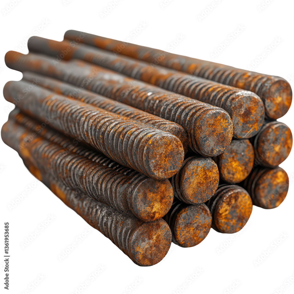 Poster textured rusty threaded rods: an array of corrosion and industrial decay isolated on transparent bac