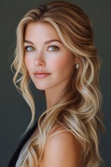 Fototapeta premium Portrait of a young woman with long flowing hair captured against a neutral background showcasing a serene expression and natural beauty