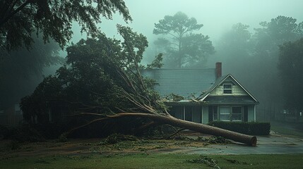 Tree falls on house during severe storm in suburban neighborhood causing significant damage and disruption