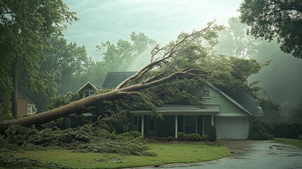 Severe storm causes tree to fall on residential house in suburban neighborhood during early morning hours