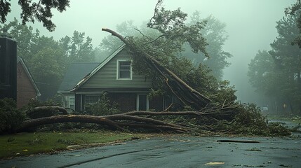 Large tree falls on house during severe storm causing significant property damage in suburban neighborhood