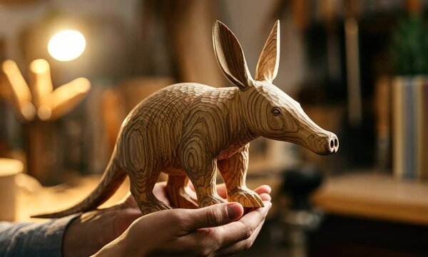 Person holding handcrafted wooden aardvark in workshop with warm lighting