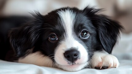 Adorable Cute Black and White Puppy looking into camera, frontal view, Happy Look, Closeup