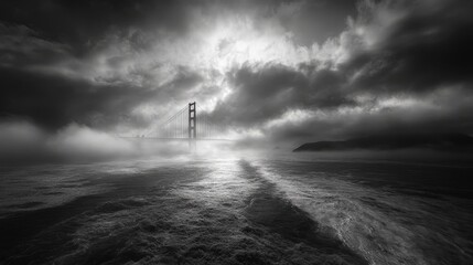 The Golden Gate Bridge stretches over the San Francisco Bay, with fog rolling in from the Pacific Ocean, creating a mysterious and dramatic atmosphere