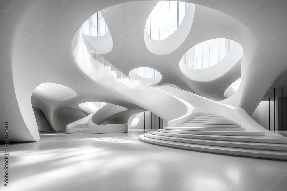 Aufkleber modern architecture showcases a minimalist white interior with flowing forms and natural light in a 