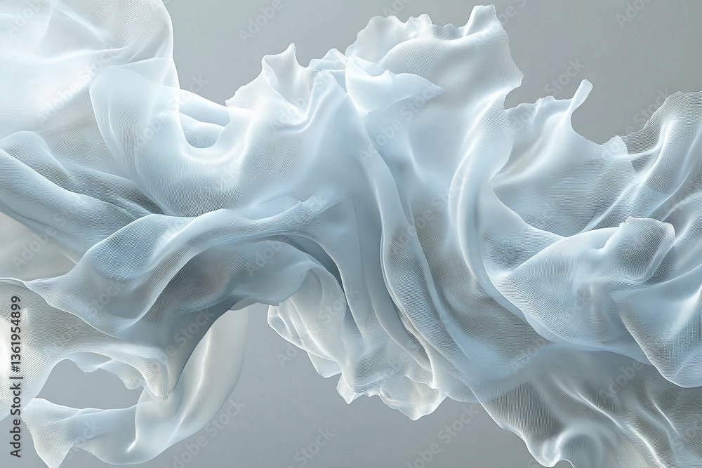 Poster flowing white fabric creates dynamic shapes against a soft gray background in a serene artistic disp