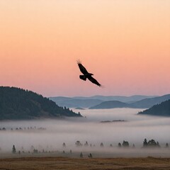 Naklejka premium Raven Flying Over a Quiet Misty Valley at Dawn