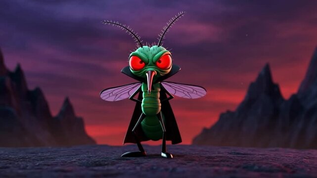 Cartoon Vampire Mosquito Posing Menacingly on Rocky Landscape Animation