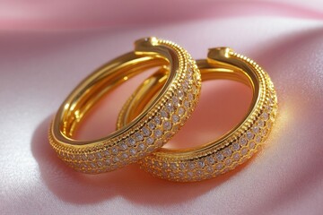Elegant gold hoop earrings with diamond-like embellishments resting on soft pink fabric