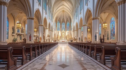 Fototapeta premium The grandeur of cathedral architecture often includes sweeping views from the entrance to the altar, creating a sense of journey and spiritual ascent for those who enter.