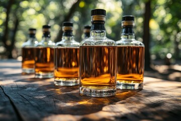Bottles of amber liquid arranged on a wooden table in a forest setting during daylight hours