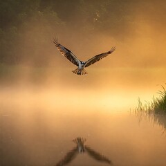 Naklejka premium Osprey Soaring Over a Serene Lake at Dawn