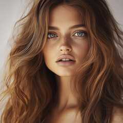 Fototapeta premium Natural beauty portrait of a young woman with long wavy hair and glowing skin