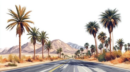 Fototapeta premium Scenic desert highway lined with palm trees, leading towards mountains under a clear sky, ideal for travel themes