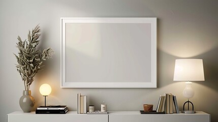 A white rectangular frame hanging above a hallway console, surrounded by soft lighting, books, and a lamp. HD 8K mockup wallpaper Photographic Image