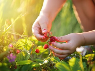 Child picking fresh strawberries in sunlit garden