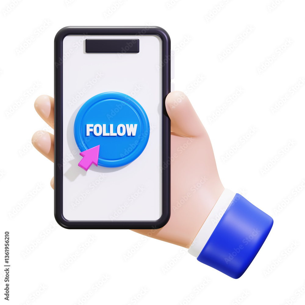 Poster 3d rendering of a hand holding a phone with a follow button, ideal for social media, technology, and