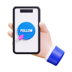 3D rendering of a hand holding a phone with a follow button, ideal for social media, technology, and communication concepts