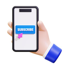 3D cartoon hand holding phone with subscribe button suitable for marketing, technology, social media, communication, online channels, and digital promotions