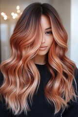 Hair styling with long wavy hair in a trendy salon setting during daylight hours