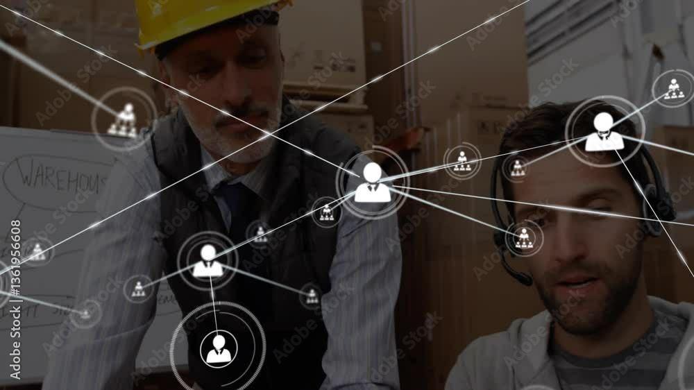 Poster network of connections and data processing animation over two men working together