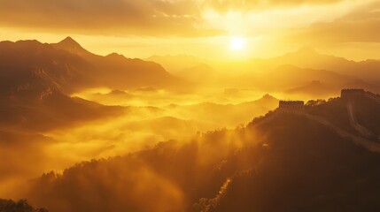 Fototapeta premium The Great Wall of China illuminated by the golden hues of sunrise, with mist rolling over the valleys below.