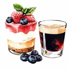 Delicious Strawberry Cheesecake Dessert with Espresso Coffee A Watercolor Painting