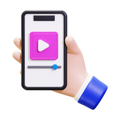 3D cartoon hand holding phone with video player suitable for online tutorials, digital marketing, technology concepts, communication visuals, mobile apps
