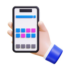 3D cartoon hand holding smartphone with buttons, perfect for technology, communication, apps, social media, mobile concepts, and advertising