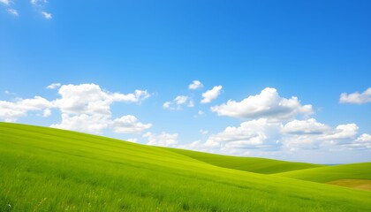 Obraz premium Rolling green hills, vibrant grass, clear blue sky, fluffy white clouds, pastoral landscape, serene countryside, summer day, lush meadow, minimalist scenery, vivid colors, natural beauty