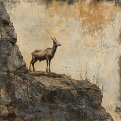 Majestic Ibex on Rocky Outcrop - Vintage Textured Wildlife Photography