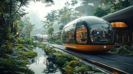 Obraz premium Futuristic eco-friendly trams in a lush, tropical city.