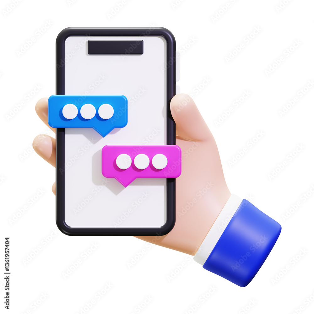Poster 3d rendering of a hand holding a phone with message bubbles, ideal for technology and communication 
