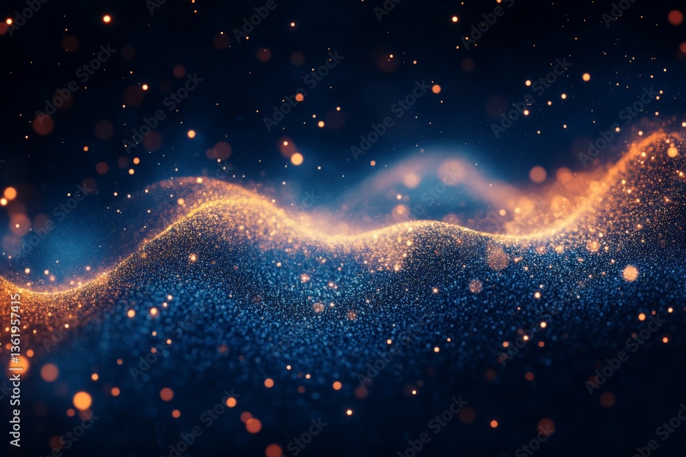 Poster Colorful shimmering particles creating a wave-like pattern in deep blue and orange tones