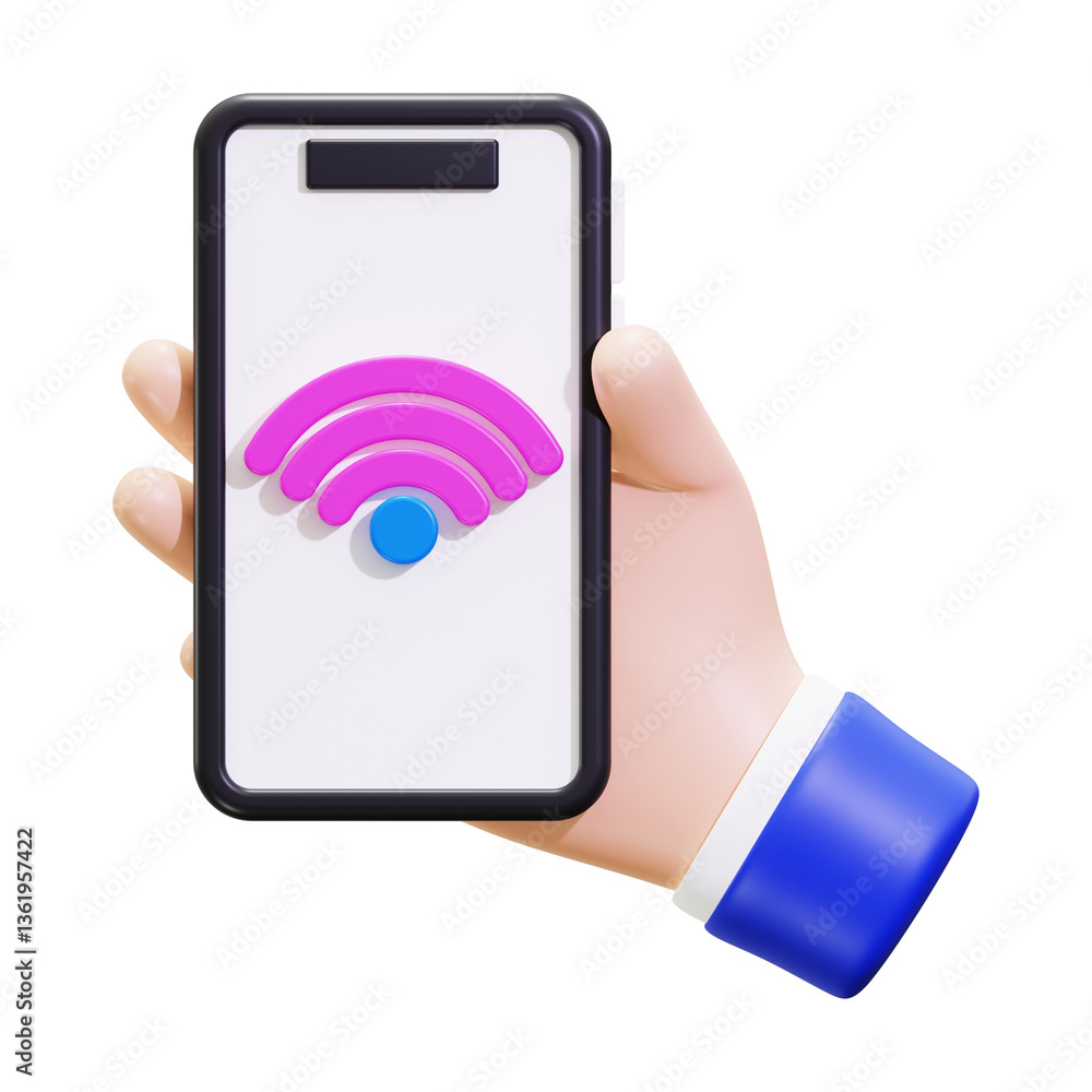 Poster 3d rendering of a hand holding a phone with a wifi symbol. suitable for technology, internet, commun