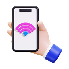 3D rendering of a hand holding a phone with a wifi symbol. Suitable for technology, internet, communication, and networking concepts